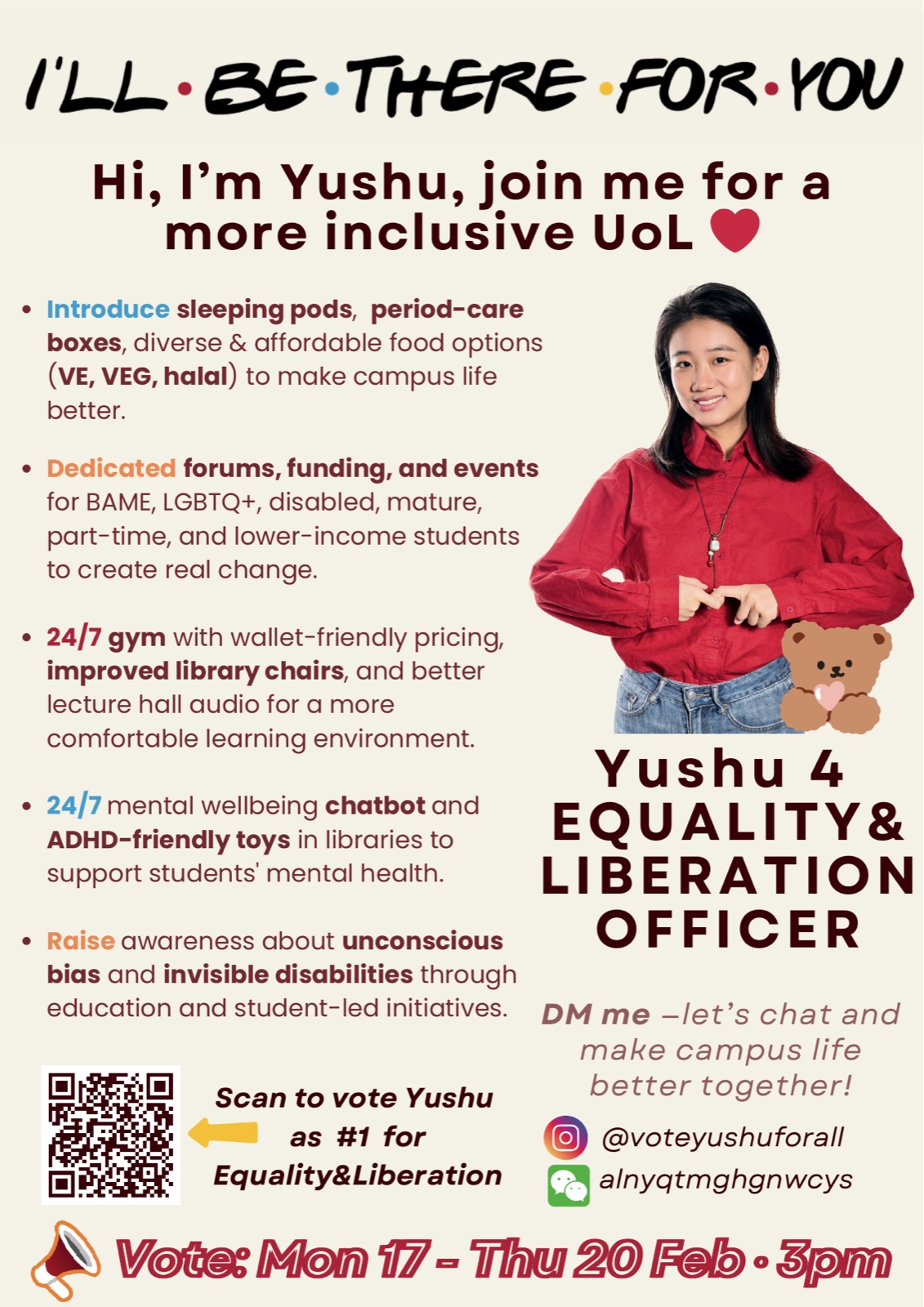 Yushu Chen's election manifesto poster for Equality and Liberation Officer at Leeds University Union, listing five commitments beside a photograph of her.